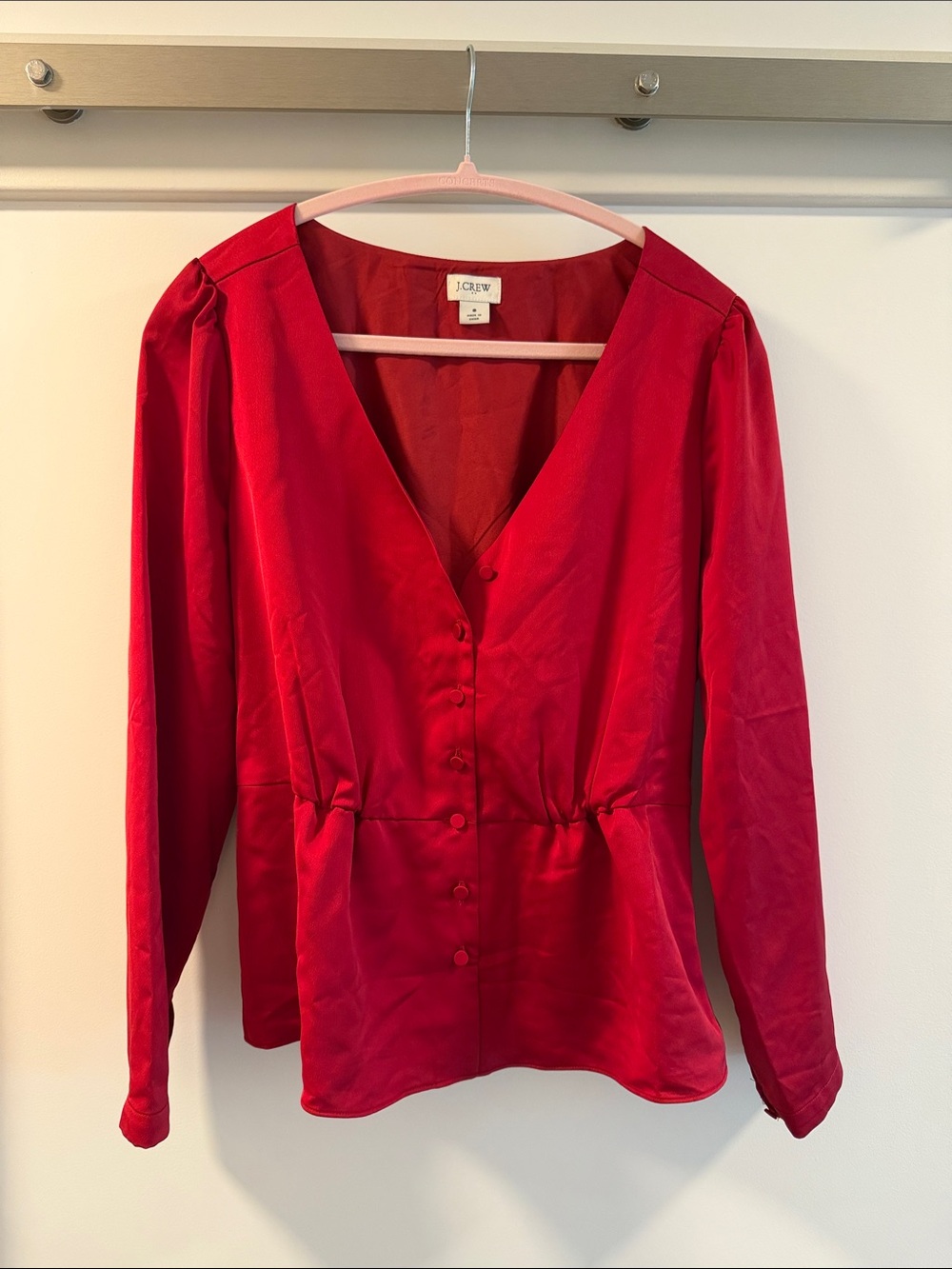 J. Crew Vibrant Red Satin Button-Front V-Neck Blouse